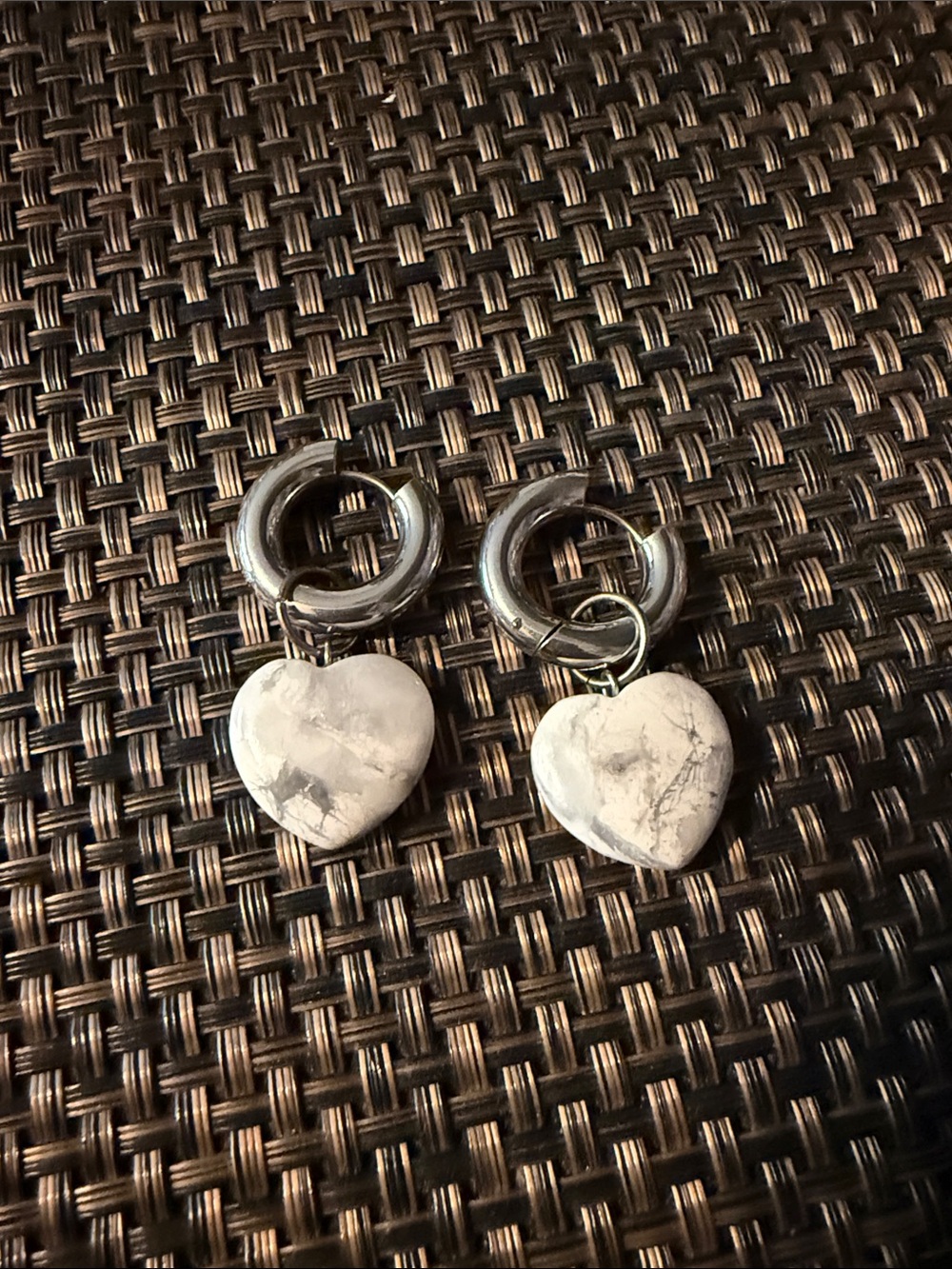 Silver Heart Hoop Drop Earrings - White Stone Hearts